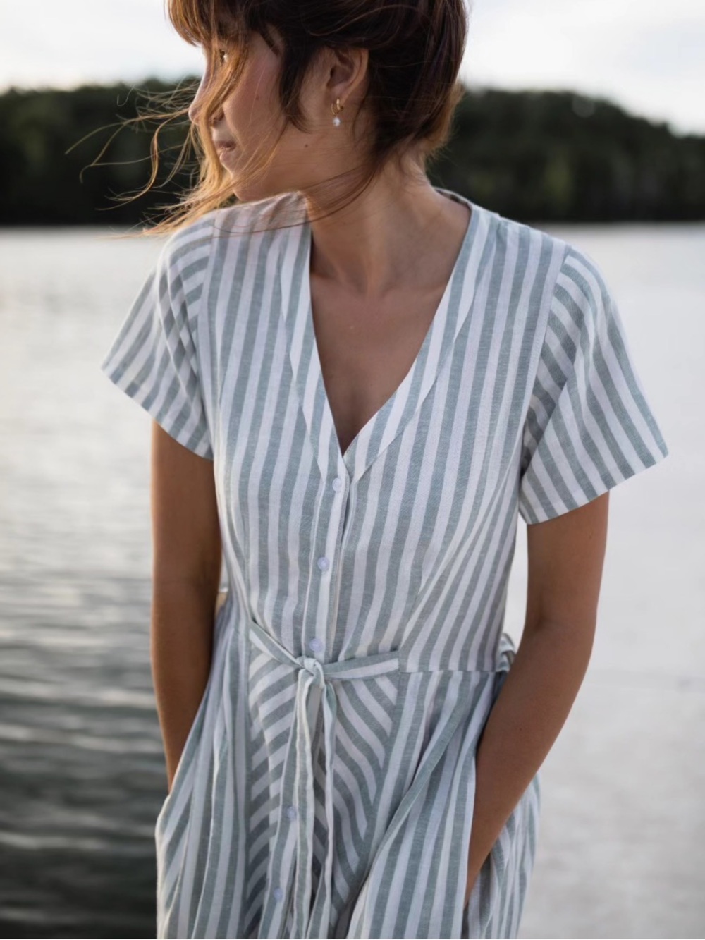 Liz Alig 100% Linen June Stripes Short Sleeve Midi Sage Green Size M